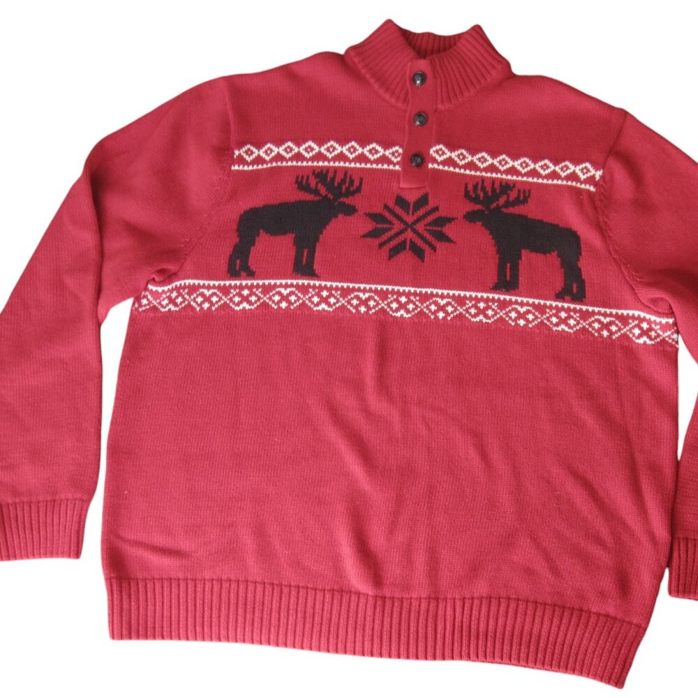 Ralph Lauren Chaps Christmas Snowflake Moose Red Sweater Mens XXL Cotton Knit
